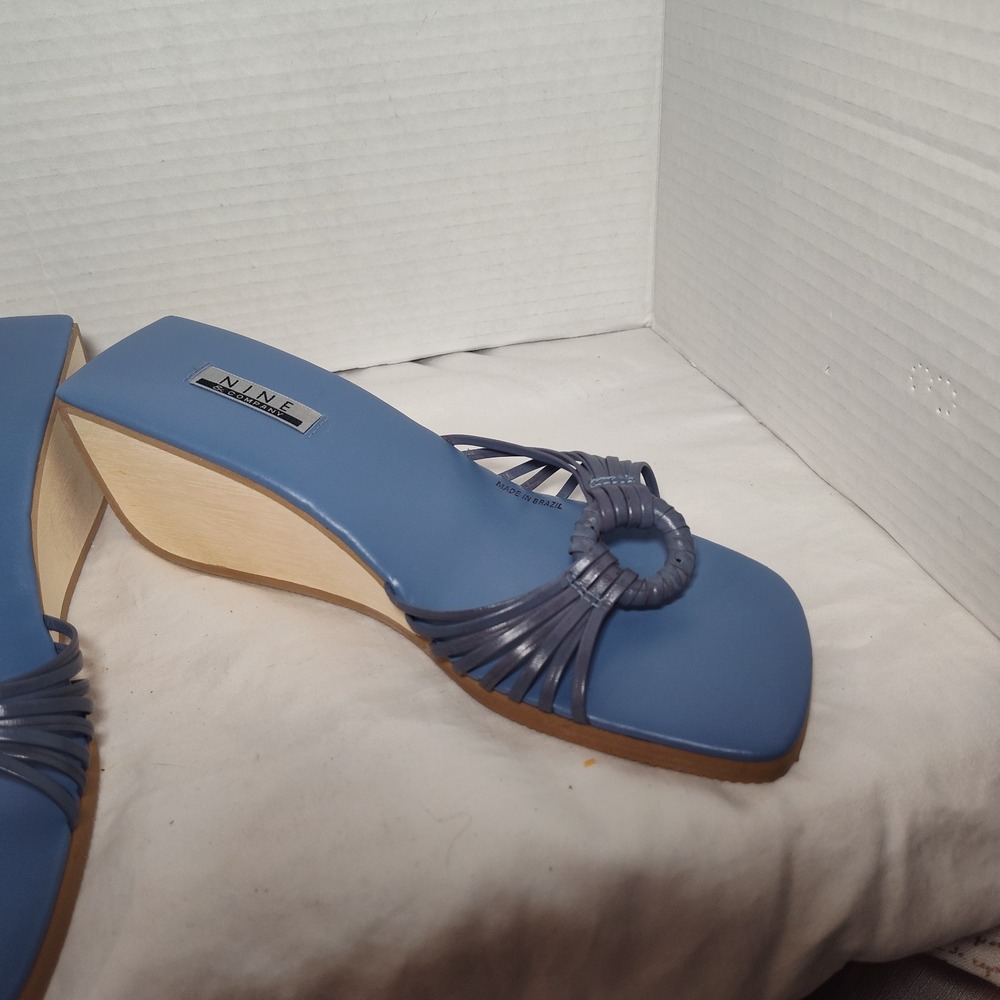 NIB Nine & Co Sea Blue Houghton Leather Wedge Strappy Sandals 8M New Old Stock - Picture 2 of 9